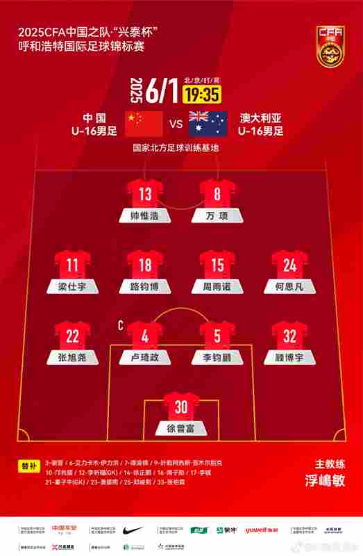 中国U-16男足VS澳大利亚U-16男足，中国队首发名单出炉！ ??